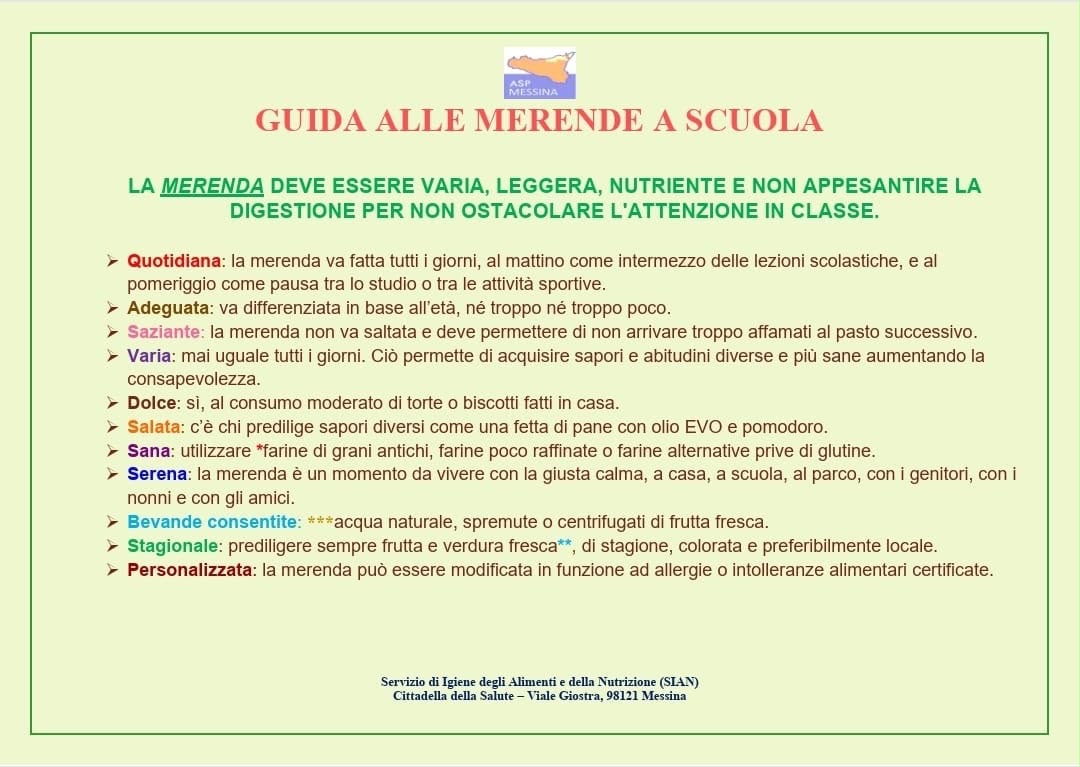 Salute sui banchi: dietiste Sian ASP Messina maggiore prevenzione con la guida alle merende sane a scuola.